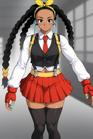 streetfighter,CLOTHING_BibleBlack_SchoolDress_ownwaifu,red necktie, necktie, zettai ryouiki, pleated skirt, long sleeves, black thighhighs, suspenders, collared shirt, black vest, white shirt, red skirt, 2D,anime,1girls,1girl,solo_female,kimberlyjackson, long hair, black hair, gloves, bow, navel, brown eyes,braid,multicolored hair, hairband, dark skin, dark-skinned female,earphones, aqua nails, colored tips, yellow hairband, bow hairband, very dark skin