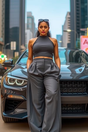 Generate an image of a confident Sri Lankan woman leaning against a sleek, modern car in an urban setting. She’s wearing a high-neck, sleeveless crop top paired with wide-legged, high-waisted trousers, creating a bold and stylish look. Her sunglasses rest on the bridge of her nose as she gazes forward with a relaxed, yet powerful expression. The cityscape behind her is filled with towering buildings and bright lights, reflecting off the polished surface of the car. The scene should evoke a strong, urban vibe, highlighting a blend of modern fashion with a cool, city-chic attitude.