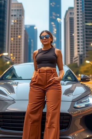 Generate an image of a confident Sri Lankan woman leaning against a sleek, modern car in an urban setting. She’s wearing a high-neck, sleeveless crop top paired with wide-legged, high-waisted trousers, creating a bold and stylish look. Her sunglasses rest on the bridge of her nose as she gazes forward with a relaxed, yet powerful expression. The cityscape behind her is filled with towering buildings and bright lights, reflecting off the polished surface of the car. The scene should evoke a strong, urban vibe, highlighting a blend of modern fashion with a cool, city-chic attitude.