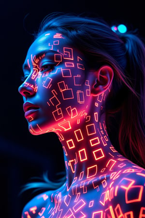 A vivid neon explosion of glowing squares, geometric patterns and sharp lines that form the portrait of a futuristic woman, visually striking and dynamic, dark background, sharp focus, crisp quality, HD, DOF, 4k, intricate detail, dynamic composition, beautiful lighting