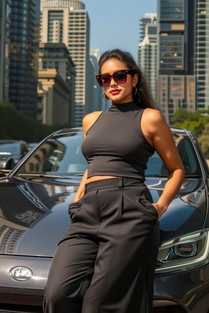 Generate an image of a confident Sri Lankan woman leaning against a sleek, modern car in an urban setting. She’s wearing a high-neck, sleeveless crop top paired with wide-legged, high-waisted trousers, creating a bold and stylish look. Her sunglasses rest on the bridge of her nose as she gazes forward with a relaxed, yet powerful expression. The cityscape behind her is filled with towering buildings and bright lights, reflecting off the polished surface of the car. The scene should evoke a strong, urban vibe, highlighting a blend of modern fashion with a cool, city-chic attitude.