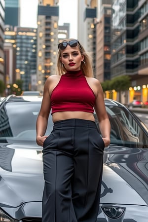 Generate an image of a confident German woman leaning against a sleek, modern car in an urban setting. 

She’s wearing a high-neck, sleeveless crop top paired with wide-legged, high-waisted trousers, creating a bold and stylish look. 

Her sunglasses rest on the bridge of her nose as she gazes forward with a relaxed, yet powerful expression. The cityscape behind her is filled with towering buildings and bright lights, reflecting off the polished surface of the car. The scene should evoke a strong, urban vibe, highlighting a blend of modern fashion with a cool, city-chic attitude.