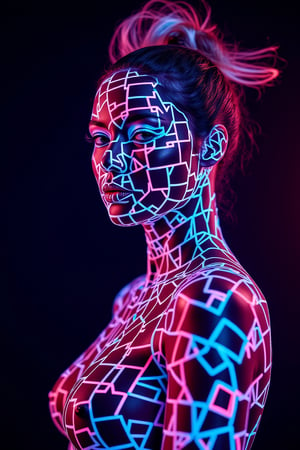 A vivid neon explosion of glowing squares, geometric patterns and sharp lines that form the portrait of a futuristic woman, visually striking and dynamic, dark background, sharp focus, crisp quality, HD, DOF, 4k, intricate detail, dynamic composition, beautiful lighting