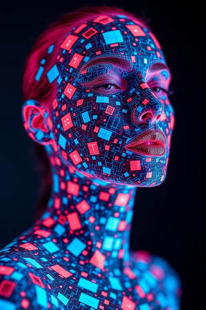 A vivid neon explosion of glowing squares, geometric patterns and sharp lines that form the portrait of a futuristic woman, visually striking and dynamic, dark background, sharp focus, crisp quality, HD, DOF, 4k, intricate detail, dynamic composition, beautiful lighting