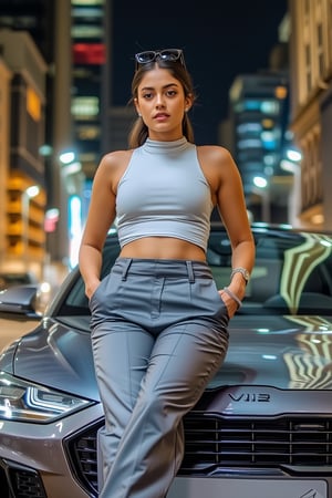 Generate an image of a confident German woman leaning against a sleek, modern car in an urban setting. 

She’s wearing a high-neck, sleeveless crop top paired with wide-legged, high-waisted trousers, creating a bold and stylish look. 

Her sunglasses rest on the bridge of her nose as she gazes forward with a relaxed, yet powerful expression. The cityscape behind her is filled with towering buildings and bright lights, reflecting off the polished surface of the car. The scene should evoke a strong, urban vibe, highlighting a blend of modern fashion with a cool, city-chic attitude.