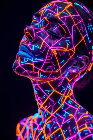 A vivid neon explosion of glowing squares, geometric patterns and sharp lines that form the portrait of a futuristic woman, visually striking and dynamic, dark background, sharp focus, crisp quality, HD, DOF, 4k, intricate detail, dynamic composition, beautiful lighting