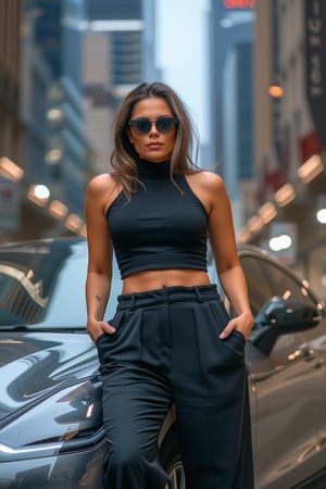 Generate an image of a confident German woman leaning against a sleek, modern car in an urban setting. 

She’s wearing a high-neck, sleeveless crop top paired with wide-legged, high-waisted trousers, creating a bold and stylish look. 

Her sunglasses rest on the bridge of her nose as she gazes forward with a relaxed, yet powerful expression. The cityscape behind her is filled with towering buildings and bright lights, reflecting off the polished surface of the car. The scene should evoke a strong, urban vibe, highlighting a blend of modern fashion with a cool, city-chic attitude.