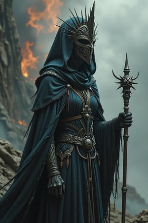 A hauntingly beautiful and conceptual 3D render of a mysterious woman, temple knight, unholy shepherd, ash and fire, scintilating and grim environment, ornate and elaborate detail, filigree and fractal pageantry, draped in a long, tattered robe and obscured by an intricately designed triangular metal mask, reminiscent of a pyramid with a sharp point. She holds a long staff adorned with a unique, spiky design at the top. The muted, cloudy sky evokes a foreboding atmosphere, with misty fog in shades of reds and oranges and blues enveloping the scene. This artwork captures a sense of unease and intrigue, transporting viewers into a world of mystery and enchantment., 3d render, ukiyo-e, painting, conceptual art, gothic horror religious iconography 