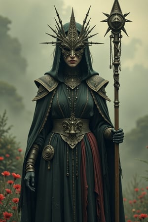 A hauntingly beautiful and conceptual 3D render of a mysterious woman, temple knight, ornate and elaborate detail, filigree and fractal pageantry, draped in a long, tattered robe and obscured by an intricately designed triangular metal mask, reminiscent of a pyramid with a sharp point. She holds a long staff adorned with a unique, spiky design at the top. The muted, cloudy sky evokes a foreboding atmosphere, with misty fog in shades of reds and yellows enveloping the scene. This artwork, inspired by Ukiyo-e and Silent Hill horrorcore, captures a sense of unease and intrigue, transporting viewers into a world of mystery and enchantment., 3d render, ukiyo-e, painting, conceptual art