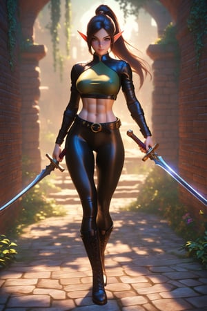 score_9, score_8_up, score_7_up, zPDXL3, masterpiece,detailed,best quality, very cute, amazing quality, extremely detailed, brick dungeon, dramatic lighting, 1female, fit, elf ears, brown eyes, warrior, brunette, ponytail, beautiful face, detailed face, leather leggings, leather belt, black boots, holding sword, dynamic pose, full body shot, very muscular