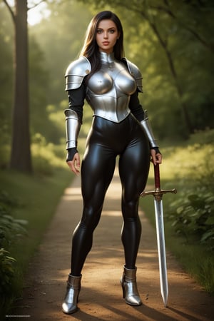 zPDXL3, 8k, full body shot, high detail, masterpiece, perfect face, detailed face, very cute, (((supermodel, high cheekbones))), outdoor, countryside, golden hour, dramatic lighting, 1female, fit, female knight, sword and spear, looking at viewer, long hair, black hair, green eyes, perfect face, full lips, leather leggings, light armor, very muscular, BREAK score_9_up, score_8_up, score_7_up, score_6_up