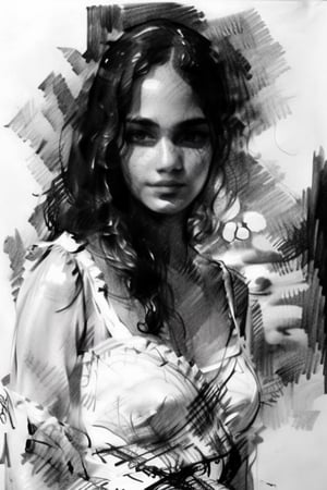 Black and White pencil Sketch, Vigilant gaze of Elisha: A majestic 8K masterpiece by Casey Baugh, rendered in exquisite pencil strokes. The subject's features are illuminated by a soft, ethereal light, while the white dress flows like mist around her form. Unfinished yet unfinished, large brushstrokes create a textured background, revealing glimpses of paper beneath. The face, however, is a realm of high contrast, where deep darks and subtle nuances converge in a breathtakingly detailed portrait.