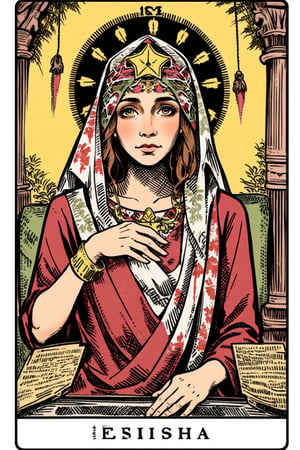 Elisha, Tarot Card, The High Priestess, surealanime, The eyes of the priestess were a mystery that transcended common understanding. There was in them a mixture of serenity and restlessness, as if they contemplated both the beginning and the end of things. To look at her was to be transported to a world beyond the visible, where the sacred and the mundane intertwined in a tapestry of secrets. Her eyes possessed the calm of one who had seen everything and the restlessness of one who knew the unalterable designs of fate, leaving in those who crossed them a sense of unsettling peace, a sweet and impenetrable mystery, as vast as the divine itself.