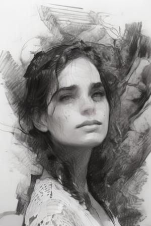 Black and White pencil Sketch, Vigilant gaze of Elisha: A majestic 8K masterpiece by Casey Baugh, rendered in exquisite pencil strokes. The subject's features are illuminated by a soft, ethereal light, while the white dress flows like mist around her form. Unfinished yet unfinished, large brushstrokes create a textured background, revealing glimpses of paper beneath. The face, however, is a realm of high contrast, where deep darks and subtle nuances converge in a breathtakingly detailed portrait.