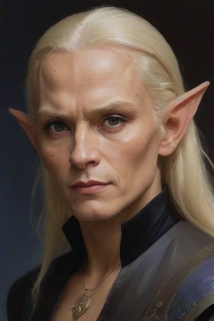 art by Gerald Brom in the style of bill sienkiewicz: Turk elf, lightly armored, rogue, Deep blue-violet eyes, Honey Blond hair, Tanned skin, delicate features, high cheekbones, pointed ears, Round eyes, and Monolid asian eyes, dressed in dark browns,ohwx man
