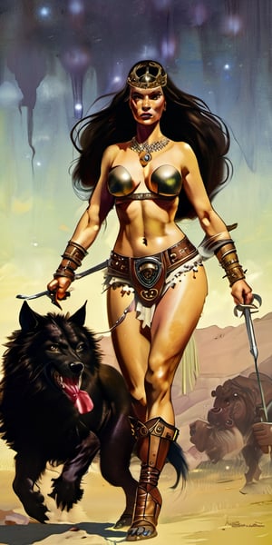 art by klimt and Frazetta, Saracen werewolf, female warrior, Brown eyes, Brown hair, Fair skin
