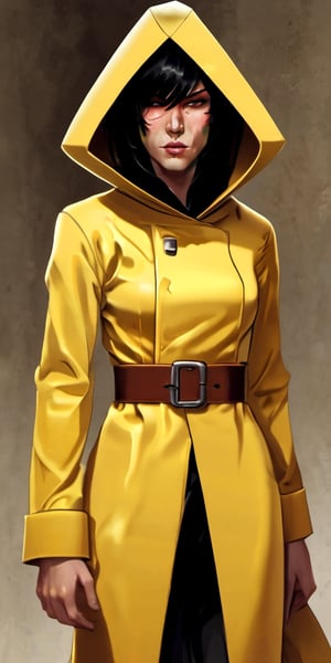 art by Gerald Brom and bill sienkiewicz, Templar, human female, warrior monk, heavily armored, Brown eyes, Blonde hair, (Facial Scar), Soft Features,Young girl wearing a yellow raincoat,Raincoat over head,Short black hair,Hair covering eyes