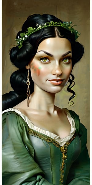 Portrait of a female Amused spanish elf, with Light green eyes, very long, waist length Blue-Black hair, Pale skin, with pointed ears, high cheekbones, (Hooked nose), Full lips, (Narrow eyes) and (Curly hair), dressed in green, gray and blue,Amy