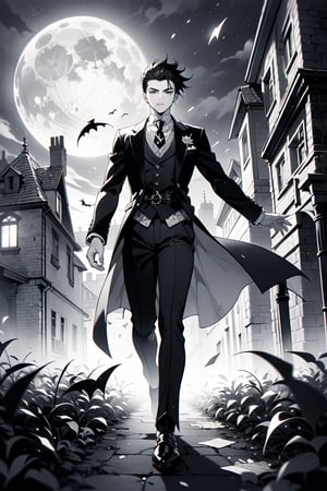 ((grayscale, manga, monochrome)), ((screen tone, stipple dot)), Medium-shot, A handsome young man, 22 years old, with intense dark eyes and short, slicked-back hair with loose strands framing his face. His pale skin contrasts with his dark vintage goth attire. He wears a crisp, white high-collared shirt with lace-trimmed puffed sleeves. He stands confidently in front of a haunted Victorian manor. The manor looms behind him, with shattered windows and creeping vines, as eerie mist swirls at his feet. The moonlight casts an ethereal glow, and the atmosphere is filled with tension and mystery. Created Using: anime-manga style, detailed gothic fashion, haunted manor background, glowing jack-o’-lantern, eerie lighting effects, gothic atmosphere, rich textures, dynamic pose