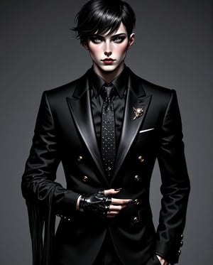 Mid-shot of a slender man, dressed to impress in a sleek black business suit adorned with a bold polka dot tie. His dark hair is styled with deliberate messiness, framing his angular features. A canvas of eye shadow accentuates his piercing gaze, while emo Gothic makeup adds an air of mystery. Black manicured fingers grasp the lapels of his suit, exuding confidence and sophistication. In his 30s.