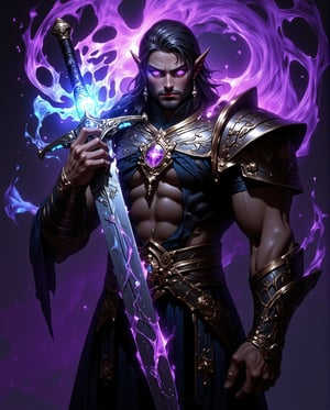 A majestic warrior stands triumphantly, his robust physique radiating confidence as he grasps a colossal sword. His dark hair flows like night, framing the chiseled features of his face, while piercing purple eyes burn with an inner fire. Magic light emanates from the sword, casting an ethereal glow on his intricate costume, evoking a sense of dark fantasy and high-stakes adventure. The dominant dark tones are punctuated by vivid purple and blue highlights, creating a visually striking contrast that draws the viewer's attention.