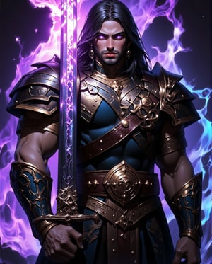 A majestic warrior stands triumphantly, his robust physique radiating confidence as he grasps a colossal sword. His dark hair flows like night, framing the chiseled features of his face, while piercing purple eyes burn with an inner fire. Magic light emanates from the sword, casting an ethereal glow on his intricate costume, evoking a sense of dark fantasy and high-stakes adventure. The dominant dark tones are punctuated by vivid purple and blue highlights, creating a visually striking contrast that draws the viewer's attention.