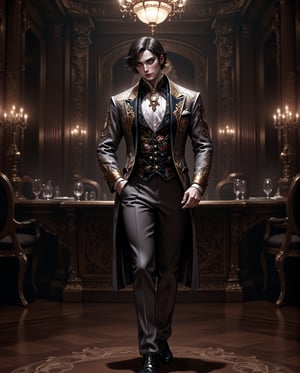 In a dimly lit, ornate ballroom with intricate Rococo patterns on the walls, a striking anime gentleman in his mid-twenties, dressed in a sleek silver-gray suit adorned with royal and gold patterns, stands out. His dark hair is styled to perfection, framing his chiseled features and piercing eyes, rimmed with a hint of eye shadow. A lavish, emo-inspired makeup look adds to his aristocratic charm. A black badge chain wraps around his neck, complementing the flower-patterned handkerchief peeking out from his chest pocket. His slender legs and tall figure exude confidence as he elegantly sways, dancing a waltz-like movement with a charming smile.