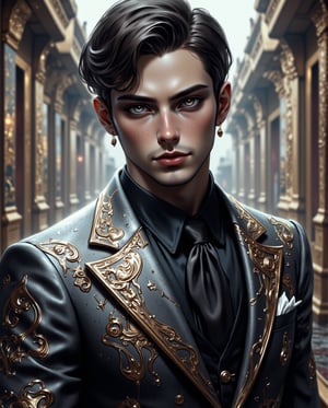 A medium shot captures the semi-anime handsome man's striking features as he stands out in his sleek silver-gray suit adorned with royal and gold patterns. His dark hair is styled to perfection, framing his chiseled face and piercing eyes rimmed with a hint of eye shadow. In his 30s. The lavish emo-inspired makeup look adds an air of aristocratic charm as he exudes confidence and sophistication.