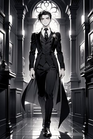 ((grayscale, manga, monochrome)), ((screen tone, stipple dot)), A handsome young man, 22 years old, with intense dark eyes and short, slicked-back hair with loose strands framing his face. His pale skin contrasts with his dark vintage goth attire. He wears a crisp, white high-collared shirt with lace-trimmed puffed sleeves, under a tailored black coat with silver embroidery along the lapels. A deep burgundy velvet vest, fastened with silver buttons, adds richness to the outfit. His slim black trousers are fitted, with tall, polished boots completing the look. He stands confidently in front of a haunted Victorian manor, holding a glowing jack-o’-lantern, its light reflecting off his brooding expression. The manor looms behind him, with shattered windows and creeping vines, as eerie mist swirls at his feet. The moonlight casts an ethereal glow, and the atmosphere is filled with tension and mystery. Created Using: anime-manga style, detailed gothic fashion, haunted manor background, glowing jack-o’-lantern, eerie lighting effects, gothic atmosphere, rich textures, dynamic pose