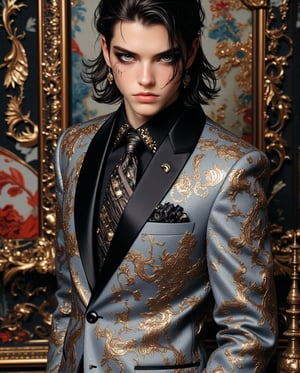 A medium shot captures the semi-anime handsome man's striking features as he stands out in his sleek silver-gray suit adorned with royal and gold patterns. His dark hair is styled to perfection, framing his chiseled face and piercing eyes rimmed with a hint of eye shadow. In his 30s. The lavish emo-inspired makeup look adds an air of aristocratic charm as he exudes confidence and sophistication.