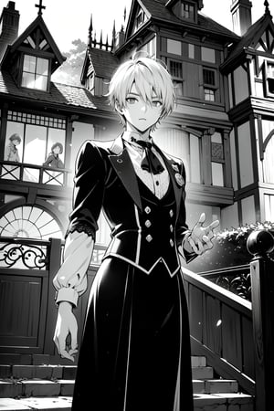 ((grayscale, manga, monochrome)), ((screen tone, stipple dot)), Medium-shot, 1boy, handsome, tousled hair, detailed eyes, wearing dark vintage goth attire, detailed outfit. He wears a crisp, white high-collared shirt with lace-trimmed puffed sleeves. He stands confidently in front of a haunted Victorian manor.