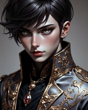 A close-up shot captures the semi-anime young man's striking features as he stands out in his sleek silver-gray suit adorned with royal and gold patterns. His dark hair is styled to perfection, framing his chiseled face and piercing eyes rimmed with a hint of eye shadow. The lavish emo-inspired makeup look adds an air of aristocratic charm as he exudes confidence and sophistication.