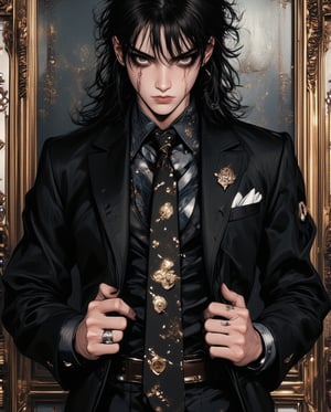 Mid-shot of a slender man, dressed to impress in a sleek black business suit adorned with a bold polka dot tie. His dark hair is styled with deliberate messiness, framing his angular features. A canvas of eye shadow accentuates his piercing gaze, while emo Gothic makeup adds an air of mystery. Black manicured fingers grasp the lapels of his suit, exuding confidence and sophistication. In his 30s.