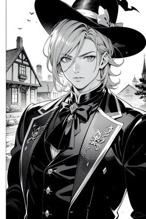 ((grayscale, manga, monochrome)), ((screen tone, stipple dot)), Medium-shot, upper-body shot, 1boy, handsome, masculine, muscular, tousled hair, detailed eyes, wearing dark vintage goth attire, detailed outfit. Behind him, a haunted Victorian manor.