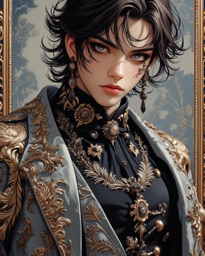 A medium shot captures the semi-anime handsome man's striking features as he stands out in his sleek silver-gray suit adorned with royal and gold patterns. His dark hair is styled to perfection, framing his chiseled face and piercing eyes rimmed with a hint of eye shadow. In his 30s. The lavish emo-inspired makeup look adds an air of aristocratic charm as he exudes confidence and sophistication.