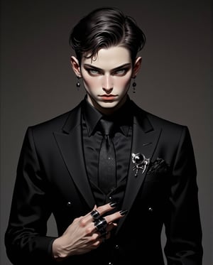 Mid-shot of a slender man, dressed to impress in a sleek black business suit adorned with a bold polka dot tie. His dark hair is styled with deliberate messiness, framing his angular features. A canvas of eye shadow accentuates his piercing gaze, while emo Gothic makeup adds an air of mystery. Black manicured fingers grasp the lapels of his suit, exuding confidence and sophistication. In his 30s.