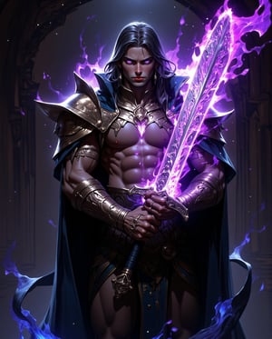 A majestic warrior stands triumphantly, his robust physique radiating confidence as he grasps a colossal sword. His dark hair flows like night, framing the chiseled features of his face, while piercing purple eyes burn with an inner fire. Magic light emanates from the sword, casting an ethereal glow on his intricate costume, evoking a sense of dark fantasy and high-stakes adventure. The dominant dark tones are punctuated by vivid purple and blue highlights, creating a visually striking contrast that draws the viewer's attention.