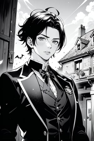 ((grayscale, manga, monochrome)), ((screen tone, stipple dot)), Medium-shot, upper-body shot, 1boy, handsome, masculine, muscular, tousled hair, detailed eyes, wearing dark vintage goth attire, detailed outfit. Behind him, a haunted Victorian manor.