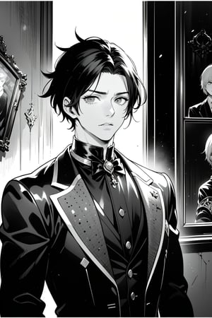 ((grayscale, manga, monochrome)), ((screen tone, stipple dot)), Medium-shot, upper-body shot, 1boy, handsome, masculine, muscular, tousled hair, detailed eyes, wearing dark vintage goth attire, detailed outfit. Behind him, a haunted Victorian manor.