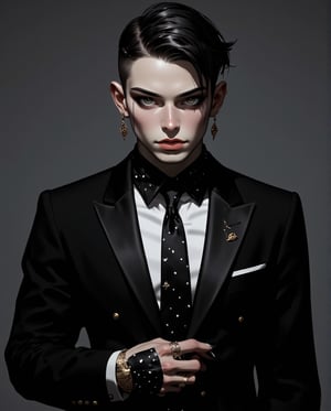 Mid-shot of a slender man, dressed to impress in a sleek black business suit adorned with a bold polka dot tie. His dark hair is styled with deliberate messiness, framing his angular features. A canvas of eye shadow accentuates his piercing gaze, while emo Gothic makeup adds an air of mystery. Black manicured fingers grasp the lapels of his suit, exuding confidence and sophistication. In his 30s.