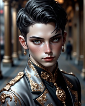 A close-up shot captures the semi-anime young man's striking features as he stands out in his sleek silver-gray suit adorned with royal and gold patterns. His dark hair is styled to perfection, framing his chiseled face and piercing eyes rimmed with a hint of eye shadow. The lavish emo-inspired makeup look adds an air of aristocratic charm as he exudes confidence and sophistication.