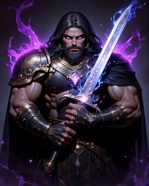 A majestic warrior stands triumphantly, his robust physique radiating confidence as he grasps a colossal sword. His dark hair flows like night, framing the chiseled features of his face, while piercing purple eyes burn with an inner fire. Magic light emanates from the sword, casting an ethereal glow on his intricate costume, evoking a sense of dark fantasy and high-stakes adventure. The dominant dark tones are punctuated by vivid purple and blue highlights, creating a visually striking contrast that draws the viewer's attention.