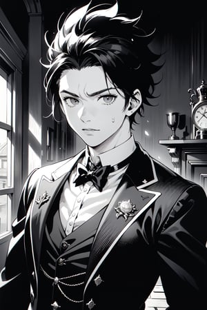 ((grayscale, manga, monochrome)), ((screen tone, stipple dot)), Medium-shot, upper-body shot, 1boy, handsome, masculine, muscular, tousled hair, detailed eyes, wearing dark vintage goth attire, detailed outfit. Behind him, a haunted Victorian manor.