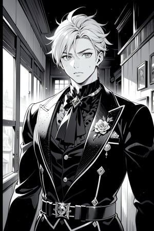 ((grayscale, manga, monochrome)), ((screen tone, stipple dot)), Medium-shot, upper-body shot, 1boy, handsome, masculine, muscular, tousled hair, detailed eyes, wearing dark vintage goth attire, detailed outfit. Behind him, a haunted Victorian manor.