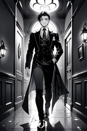 ((grayscale, manga, monochrome)), ((screen tone, stipple dot)), A handsome young man, 22 years old, with intense dark eyes and short, slicked-back hair with loose strands framing his face. His pale skin contrasts with his dark vintage goth attire. He wears a crisp, white high-collared shirt with lace-trimmed puffed sleeves, under a tailored black coat with silver embroidery along the lapels. A deep burgundy velvet vest, fastened with silver buttons, adds richness to the outfit. His slim black trousers are fitted, with tall, polished boots completing the look. He stands confidently in front of a haunted Victorian manor, holding a glowing jack-o’-lantern, its light reflecting off his brooding expression. The manor looms behind him, with shattered windows and creeping vines, as eerie mist swirls at his feet. The moonlight casts an ethereal glow, and the atmosphere is filled with tension and mystery. Created Using: anime-manga style, detailed gothic fashion, haunted manor background, glowing jack-o’-lantern, eerie lighting effects, gothic atmosphere, rich textures, dynamic pose