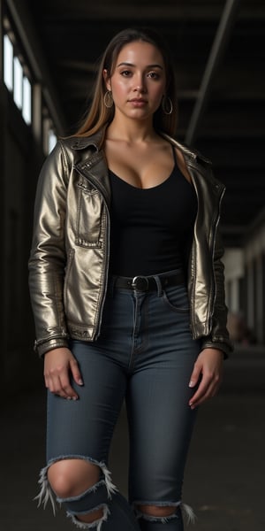 A stylish young woman stands confidently against a gritty industrial warehouse backdrop in a medium shot captured by a 35mm lens. Her sleek t-shirt and ripped jeans exude rebellious charm, while the metallic sheen of her jacket catches the moody lighting's soft shadows, creating an edgy urban atmosphere.