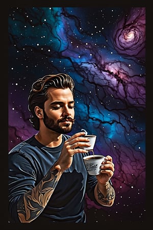 (best quality, 4k, 8k, high resolution, masterpiece: 1.2), highly detailed, t-shirt design, illustration, man enjoying coffee and the endless beauty of space, dark palette, artwork, sharp lines, rough aesthetic, masterpiece, abstract , surrealism, realistic, detail, high resolution, Leonardo Style, Movie Poster, MoviePosterAF