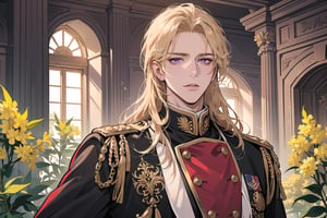 1man, mature, ((Goldenrod hair)), ((long coli hair)), ((half-down)), purple eyes, mature, ((Medium score)), To reveal the forehead, handsome, angular jaw, thick neck, serious, ready for battle, royal, prince, upper body, male focus, (milatary uniform:1.3), long sleeve, by Raphael, masterpiece, upper body shot, magnificent indoor hall