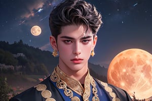 RWA photo, best quality, masterpiece, 8K resolution, ((solo:1.3)), ((1boy)), ready for battle, Europe beautiful teen boy, exquisite facial features, wearing luxurious blue Kurta, adorned with golden earrings, ((black short hair)), ((curly hair)), black eyes, close up portrait, perfect figure, cinematic lighting, in starlit night with big moon