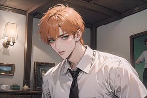 ((orange short curly hair)), (freckle), green eyes, handsome, angular jaw, thick neck, shy, ((solo focus)), ((white short hair)), (Left side-parting bangs), green eyes, handsome, mature, angular jaw, thick neck, ((white)) ((shirt:1.3)), short sleeve, tie, by Raphael, masterpiece, upper body shot, magnificent indoor hall,Riadon,1 boy,1 man